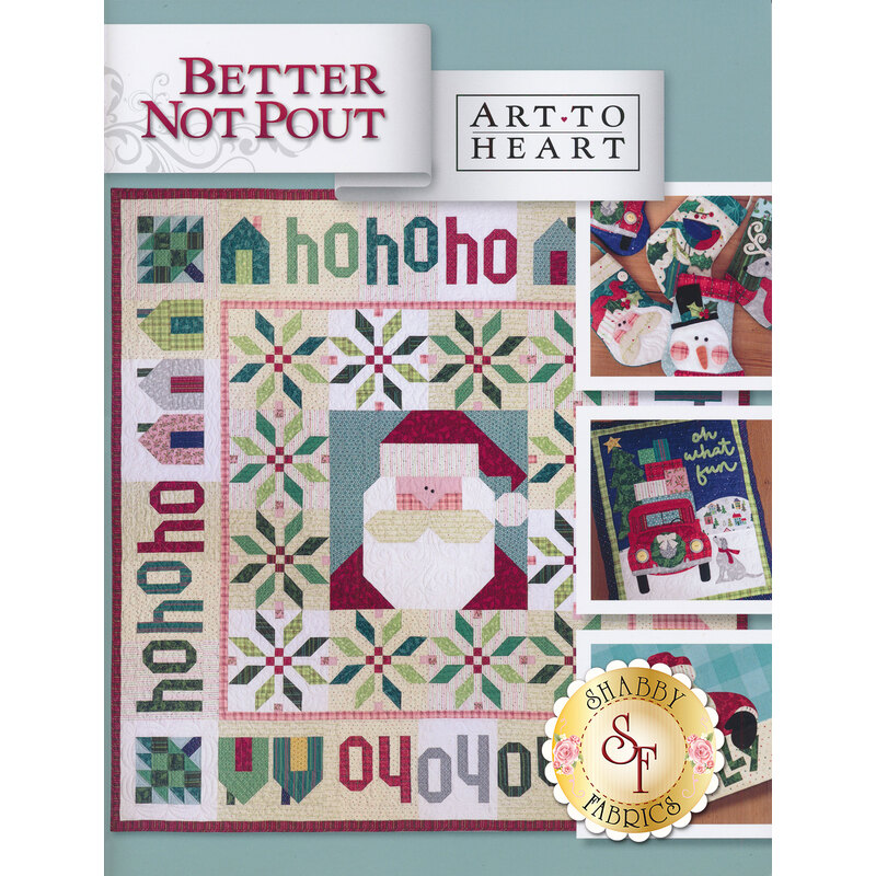 The front cover of the Better Not Pout book showing the finished Santa quilt