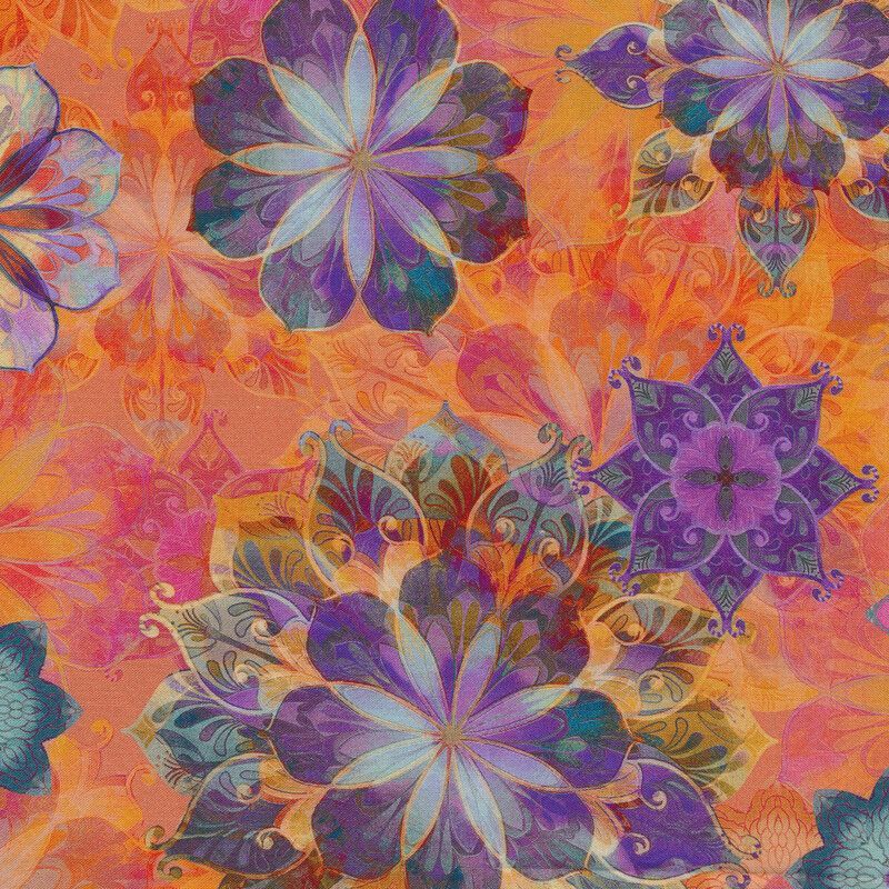 Multi colored flowers on a coral background | Shabby Fabrics