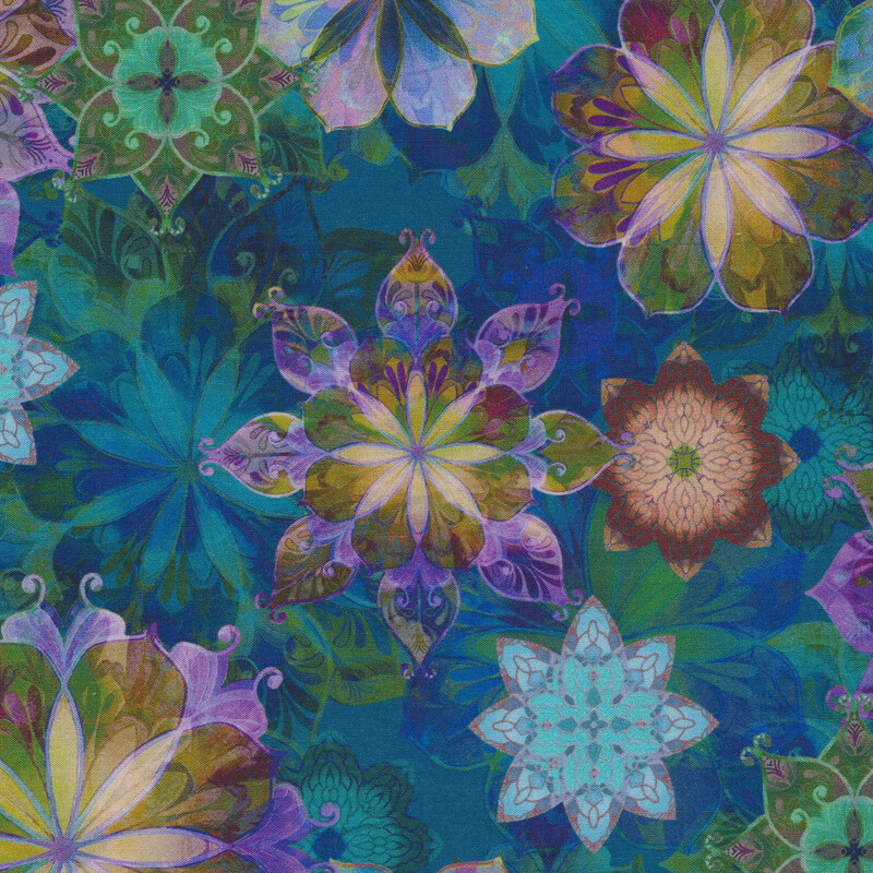 Multi colored flowers on a teal background | Shabby Fabrics