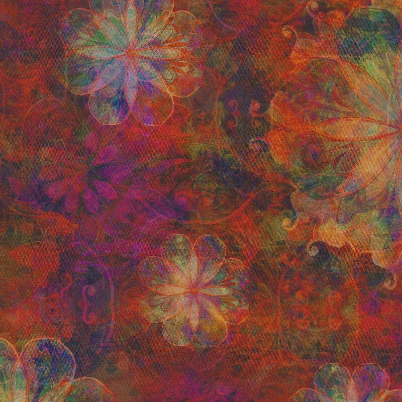 Multi colored flowers and swirls on a red textured background | Shabby Fabrics