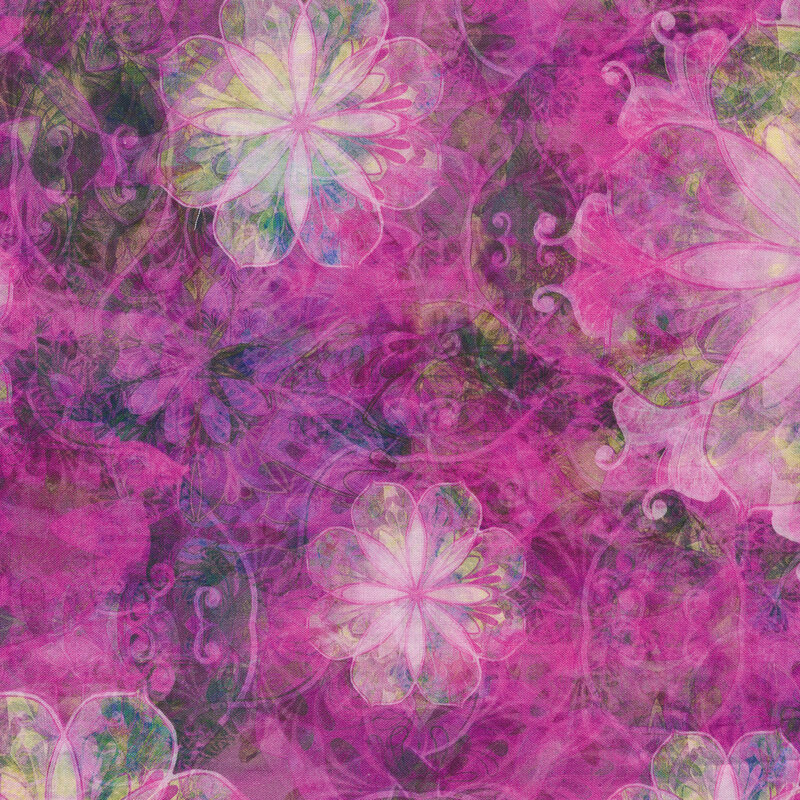 Multi colored flowers and swirls on a bright pink textured background | Shabby Fabrics