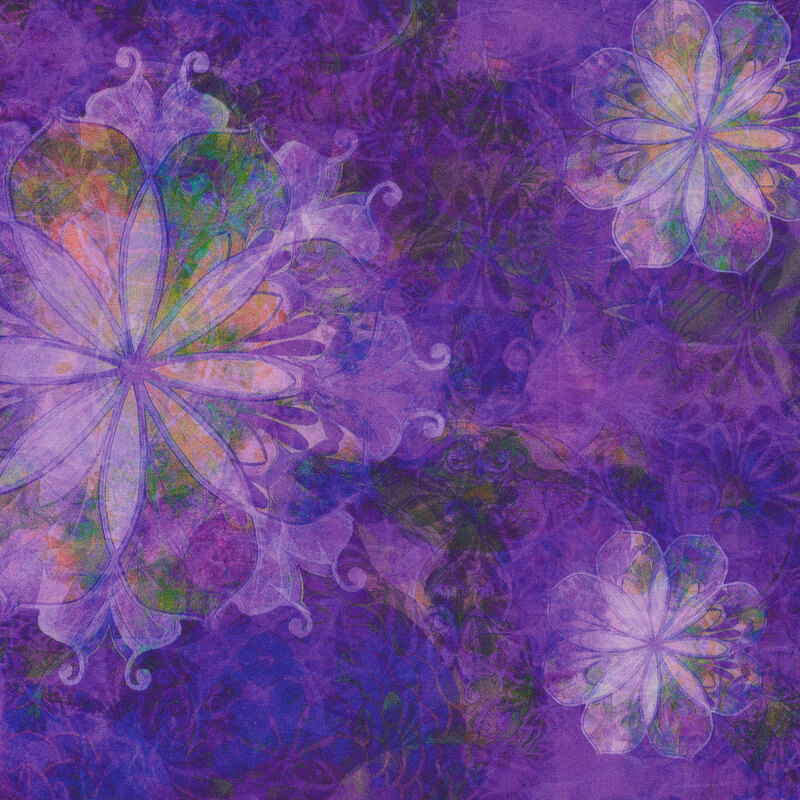 Multi colored flowers and swirls on a purple textured background | Shabby Fabrics