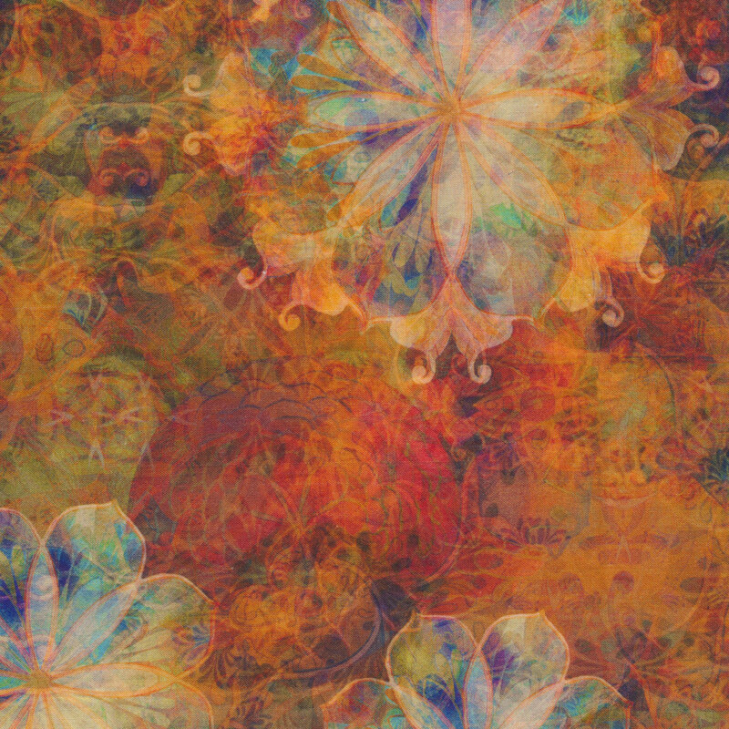 Multi colored flowers and swirls on a reddish orange background | Shabby Fabrics