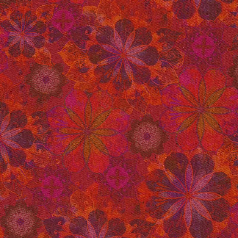 Overlapping tonal  flowers on a red background | Shabby Fabrics