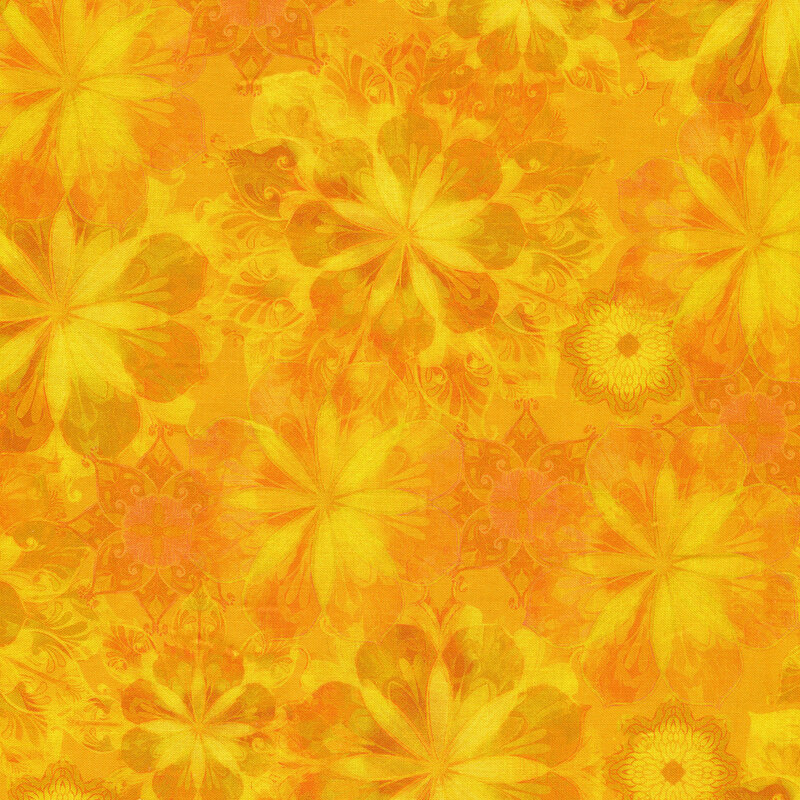 Overlapping orange and yellow flowers all over | Shabby Fabrics