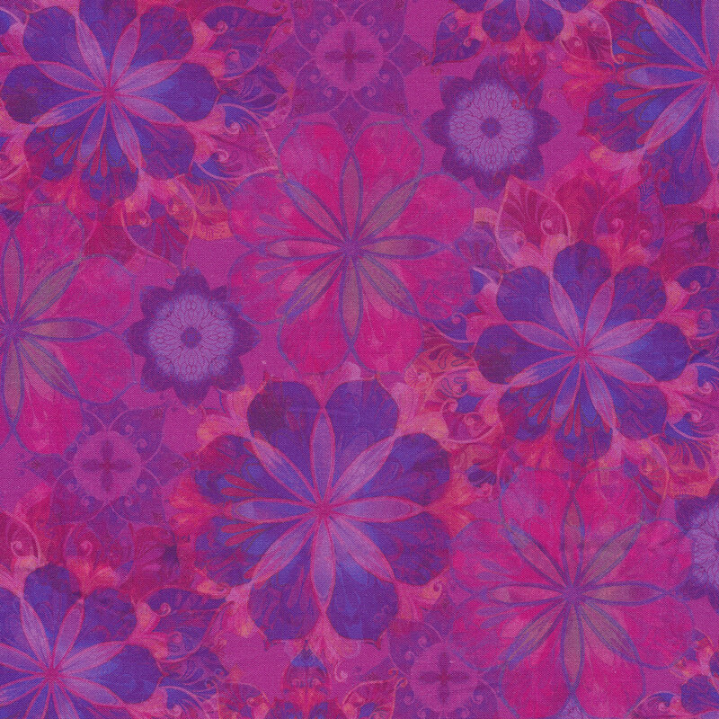 Overlapping pink and purple flowers all over | Shabby Fabrics