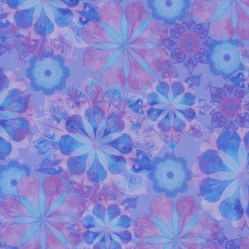 Overlapping purple and blue flowers all over | Shabby Fabrics