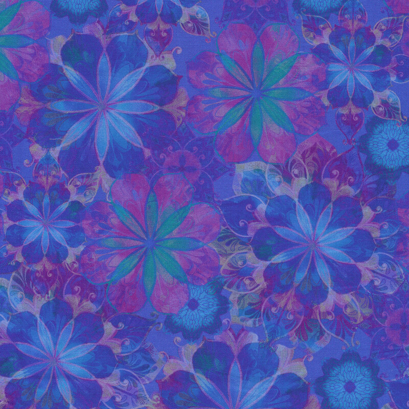 Overlapping dark blue and purple flowers all over | Shabby Fabrics