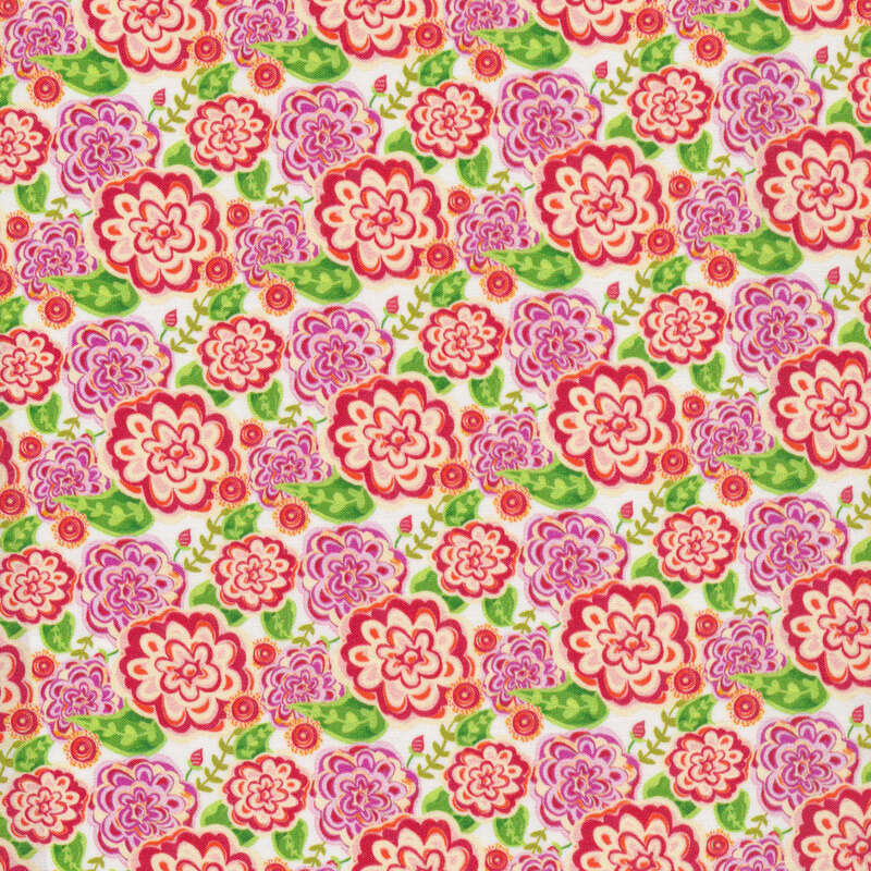 Bright red and purple flowers on a white background | Shabby Fabrics
