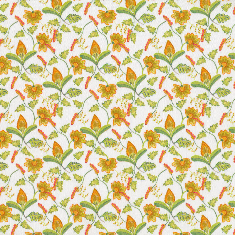 Yellow flowers and vines all over a white background | Shabby Fabrics