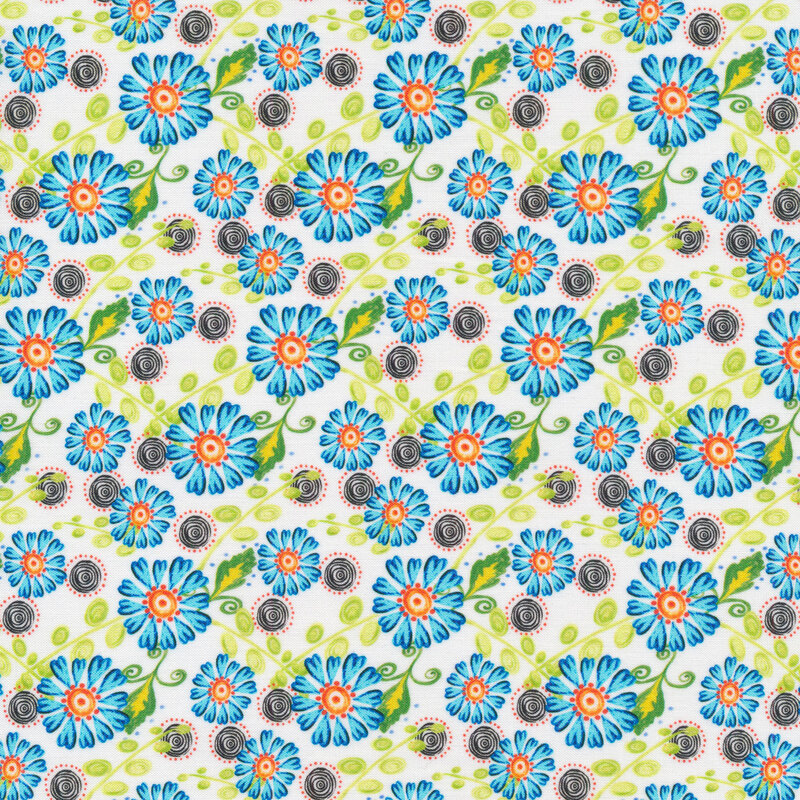Blue flowers and black spiral dots all over a white background | Shabby Fabrics