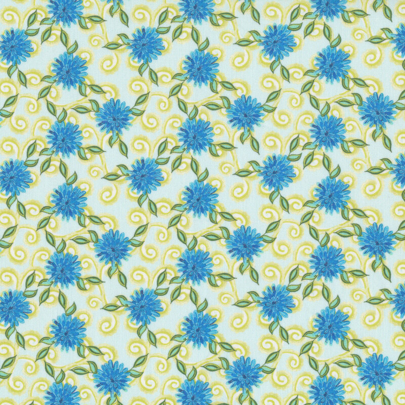 Beautiful blue flowers and swirls on a white background | Shabby Fabrics