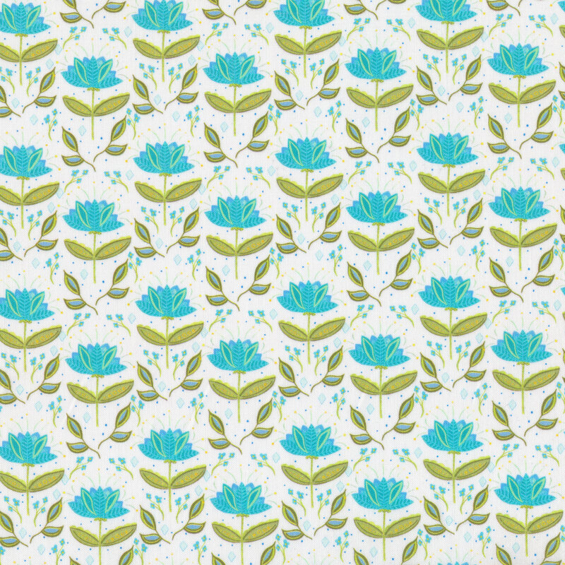 Bright blue flowers with green stems on a white background | Shabby Fabrics