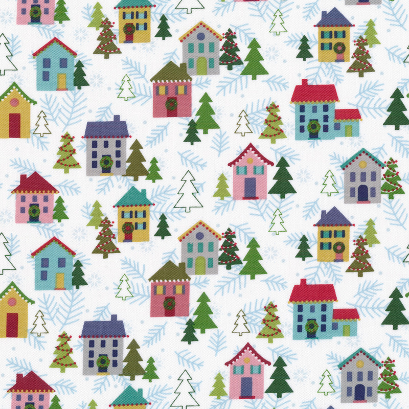 Fabric features composite overlay of Christmas winter houses and trees on cream | Shabby Fabrics