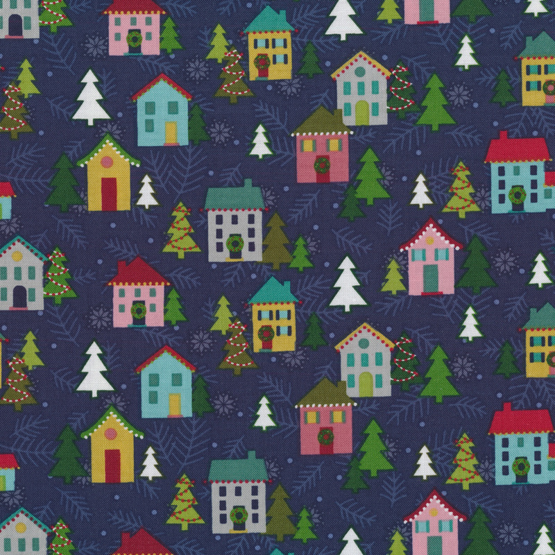 Fabric features composite overlay of Christmas winter houses and trees on navy blue | Shabby Fabrics