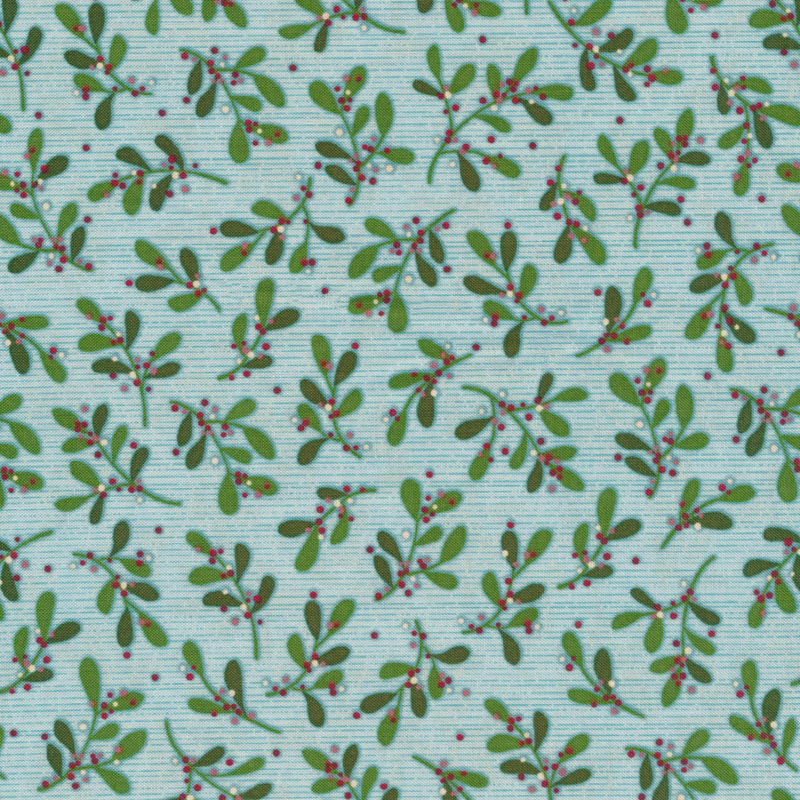 Fabric features mistletoe pattern on an aqua background with tiny teal striping | Shabby Fabrics