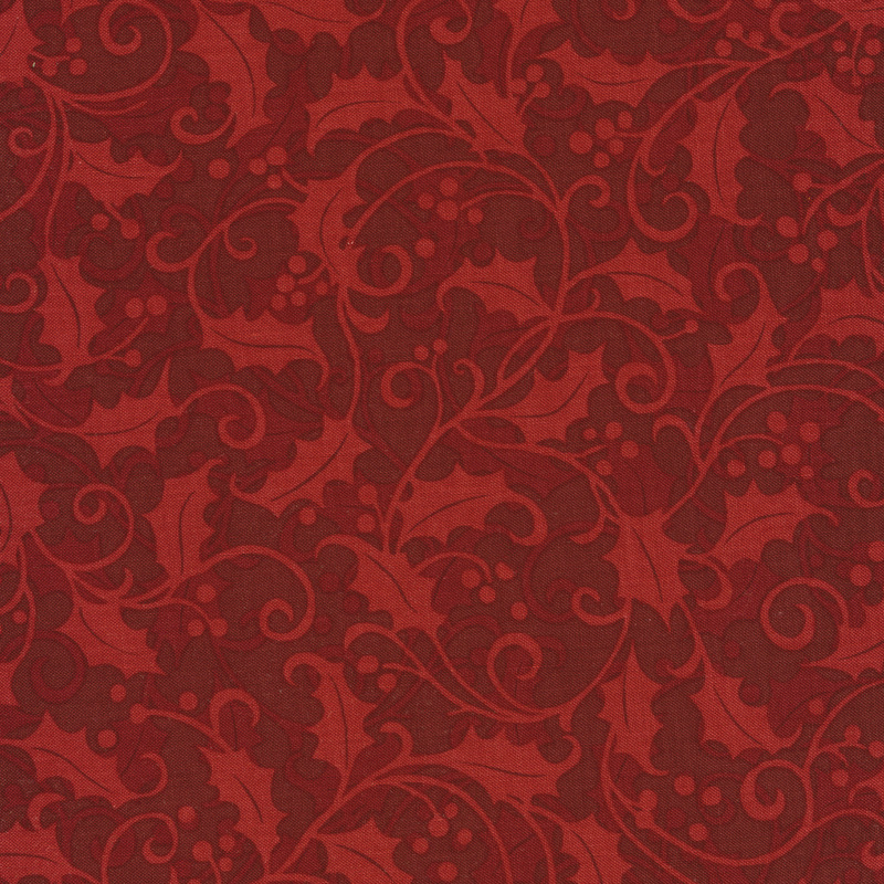 Fabric features tonal red holly and vines design | Shabby Fabrics