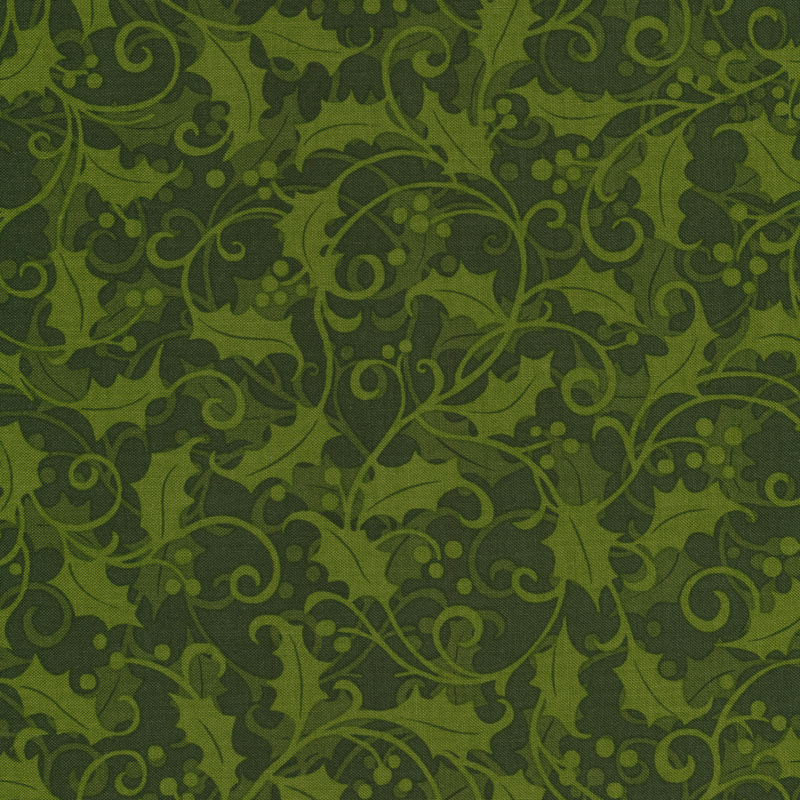 Fabric features tonal green holly and vines design | Shabby Fabrics