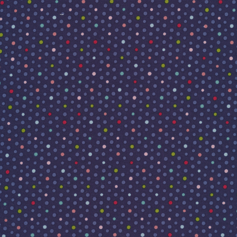 Fabric features small pastel multi-colored dots on navy blue | Shabby Fabrics