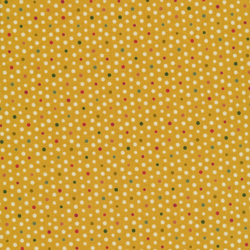 Fabric features small pastel multi-colored dots on golden yellow | Shabby Fabrics