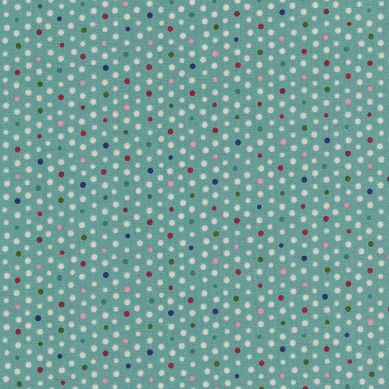 Fabric features small pastel multi-colored dots on teal | Shabby Fabrics