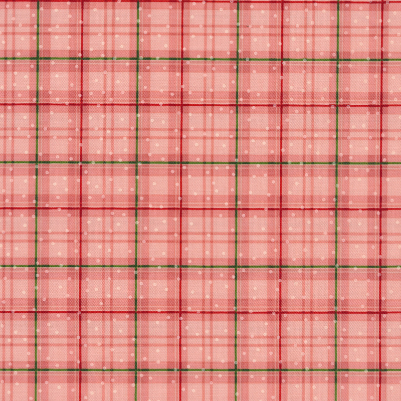 Fabric features red green pink plaid with cream dots on pink | Shabby Fabrics