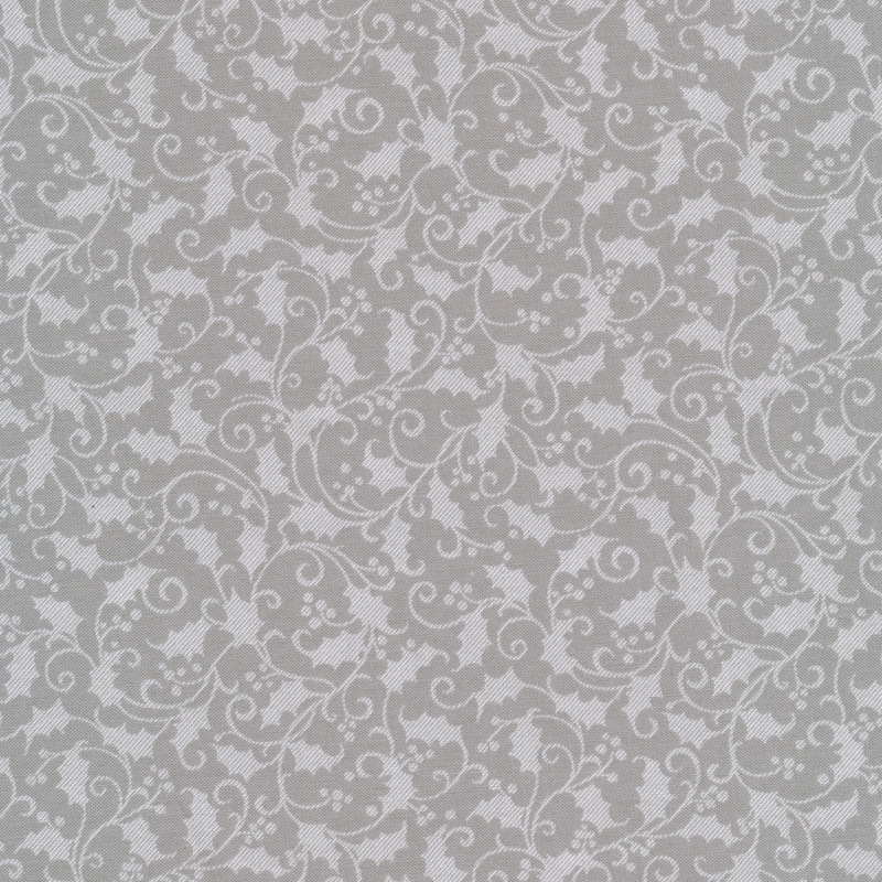 Fabric features tonal gray holly and vines design | Shabby Fabrics