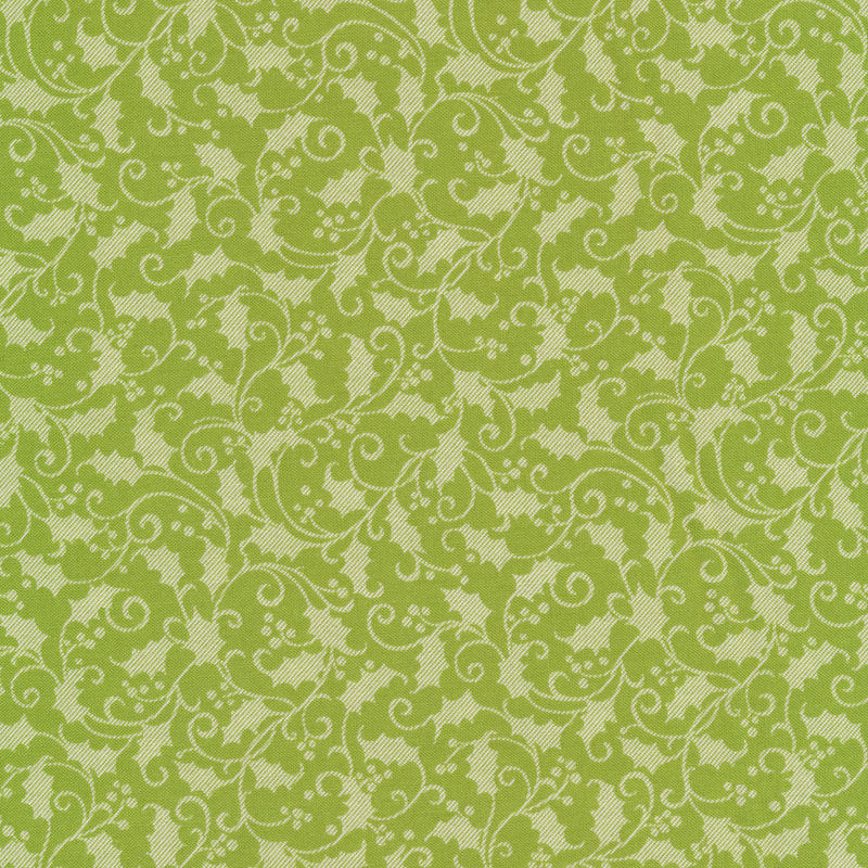 Fabric features tonal lime green holly and vines design | Shabby Fabrics
