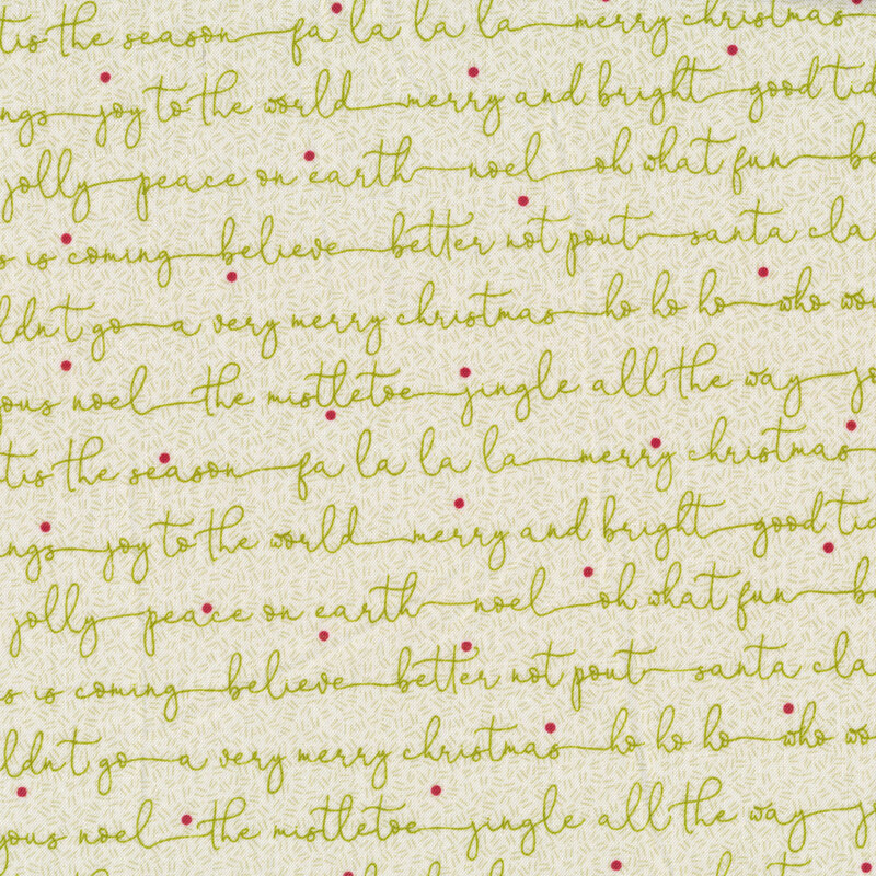 Fabric features green composite overlay Christmas script red dots on cream | Shabby Fabrics