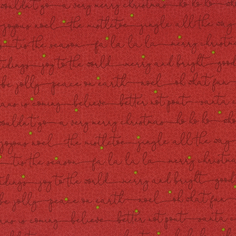 Fabric features red tonal composite overlay Christmas script with green dots | Shabby Fabrics