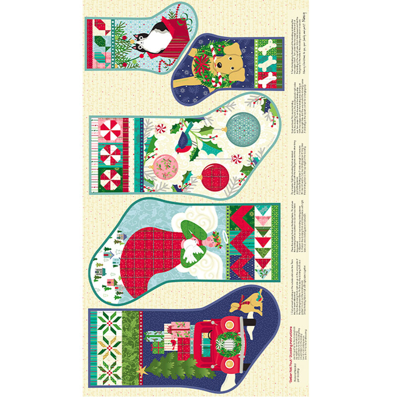 Fabric panel features four scenic Christmas stockings | Shabby Fabrics