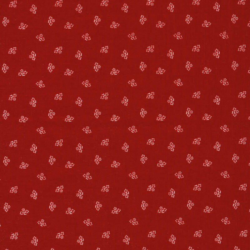 Small white outlines of leaves and vines tossed on a red background | Shabby Fabrics
