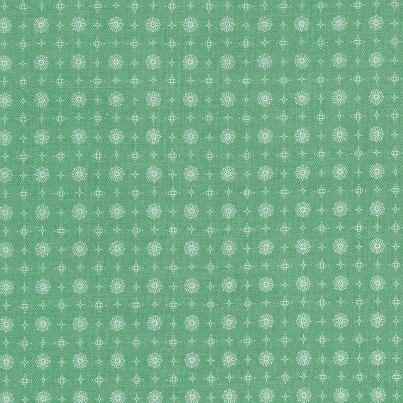 White flower, star, and diamond outlines on a green background | Shabby Fabrics