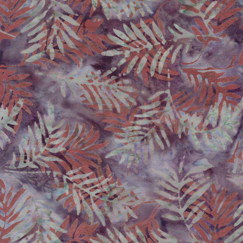 White and purple marbled batik with brick red and white leaves | Shabby Fabrics