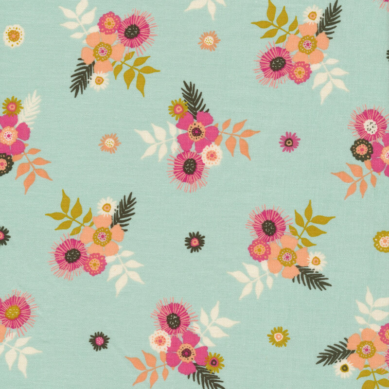 Colorful flower clusters on mint | Shabby Fabrics