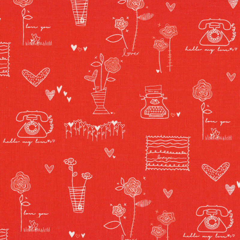 Red fabric features cream illustrated flowers hearts typewriters phones | Shabby Fabrics