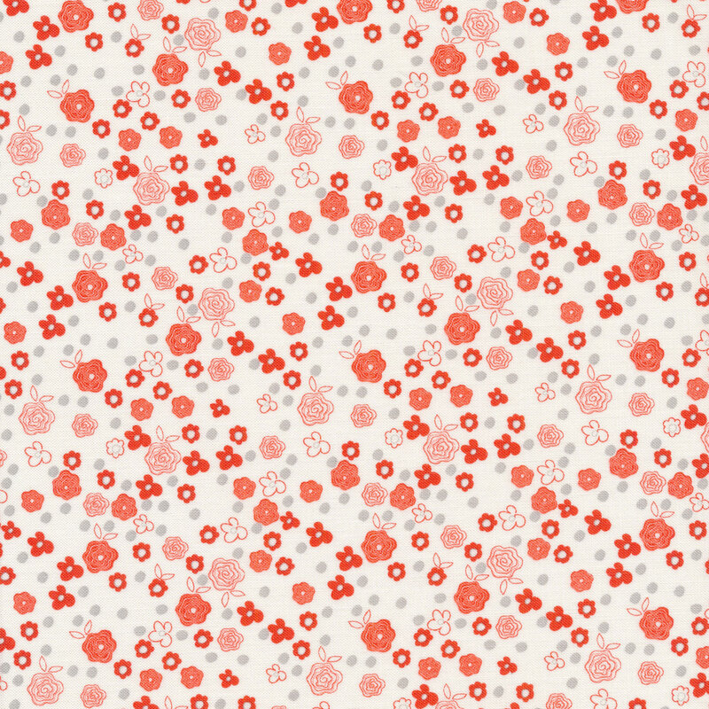 Cream fabric features red illustrated florals gray dots allover | Shabby Fabrics