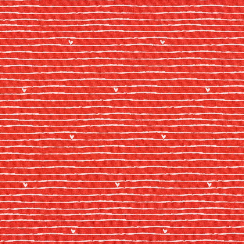 Red fabric with white cream wavy stripes and heart accents | Shabby Fabrics