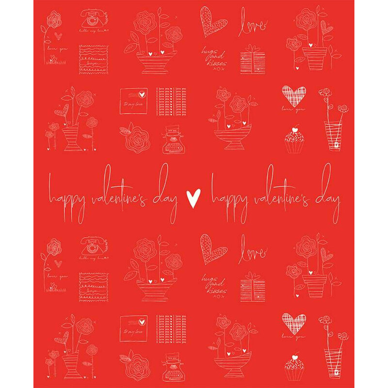 Red fabric features pink and cream Valentines sentiments | Shabby Fabrics