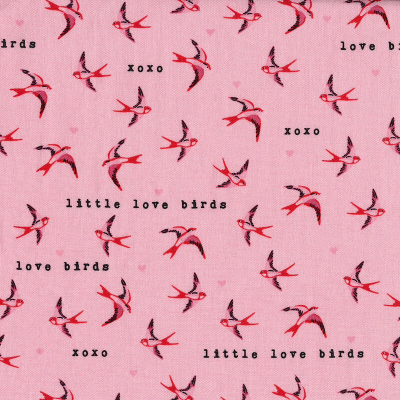 Birds and words on pink | Shabby Fabrics