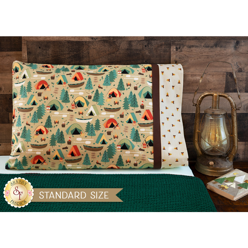 The Camping Crew Magic Pillowcase - Tan displayed on a bed | Shabby Fabrics