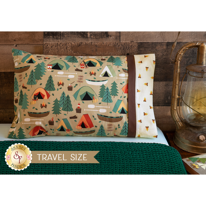 The Magic Pillowcase - Camping Crew in tan displayed on a bed | Shabby Fabrics