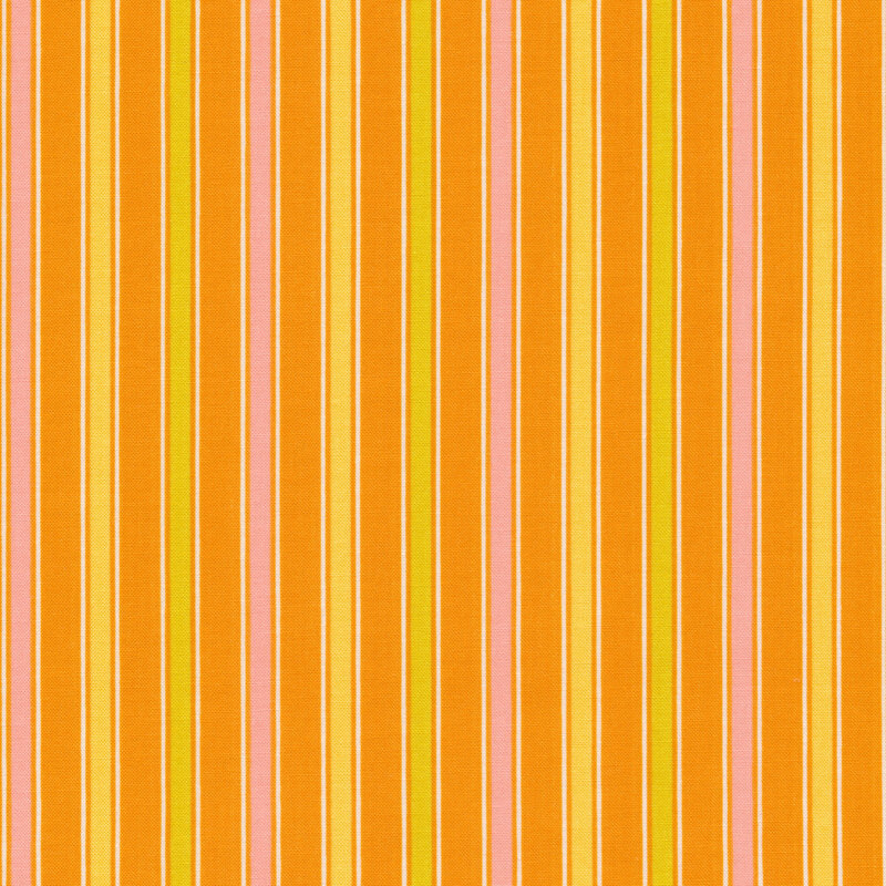 Fabric features tick tock stripes in pink, yellow, green and orange.| Shabby Fabrics