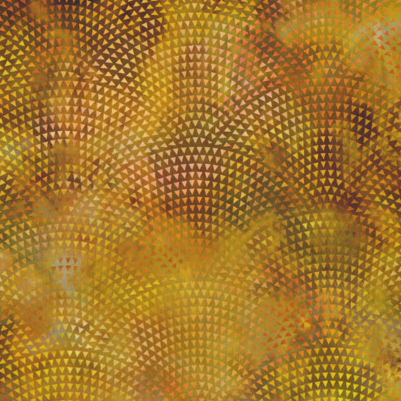 Mottled orange fabric features colored tiny triangles arcing concentric circles | Shabby Fabrics