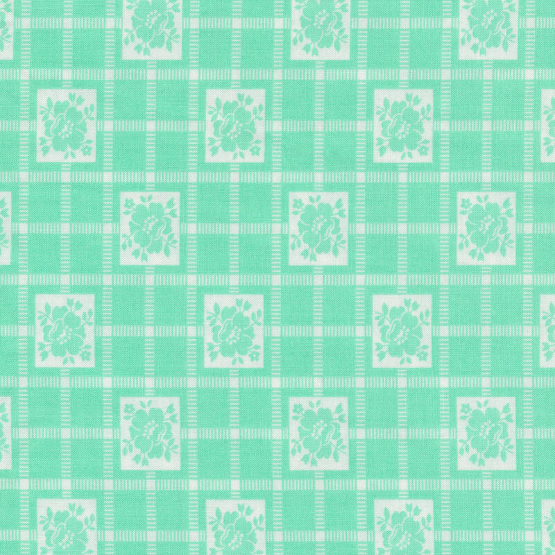 Aqua floral checker print | Shabby Fabrics