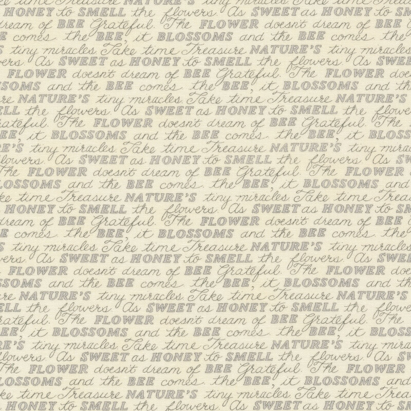 Fabric features gray conversational word script on cream | Shabby Fabrics