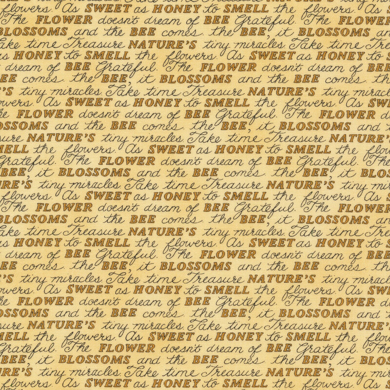 Fabric features black yellow conversational word script on mottled yellow | Shabby Fabrics