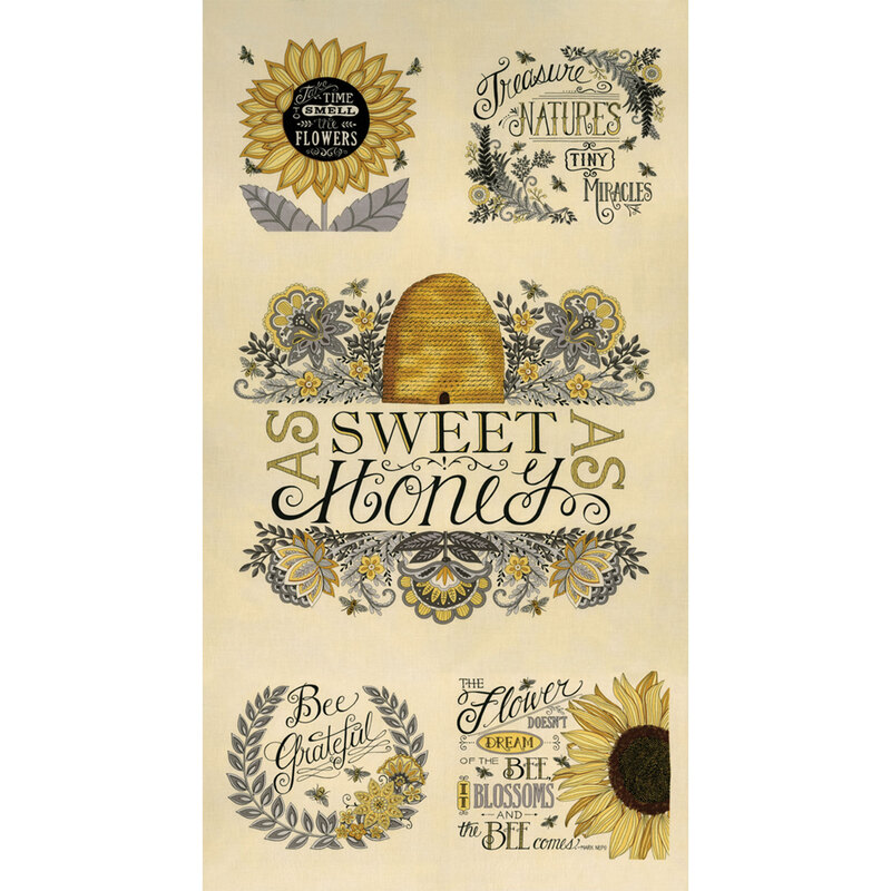 Fabric design is bee and honey themed grateful panel on cream | Shabby Fabrics