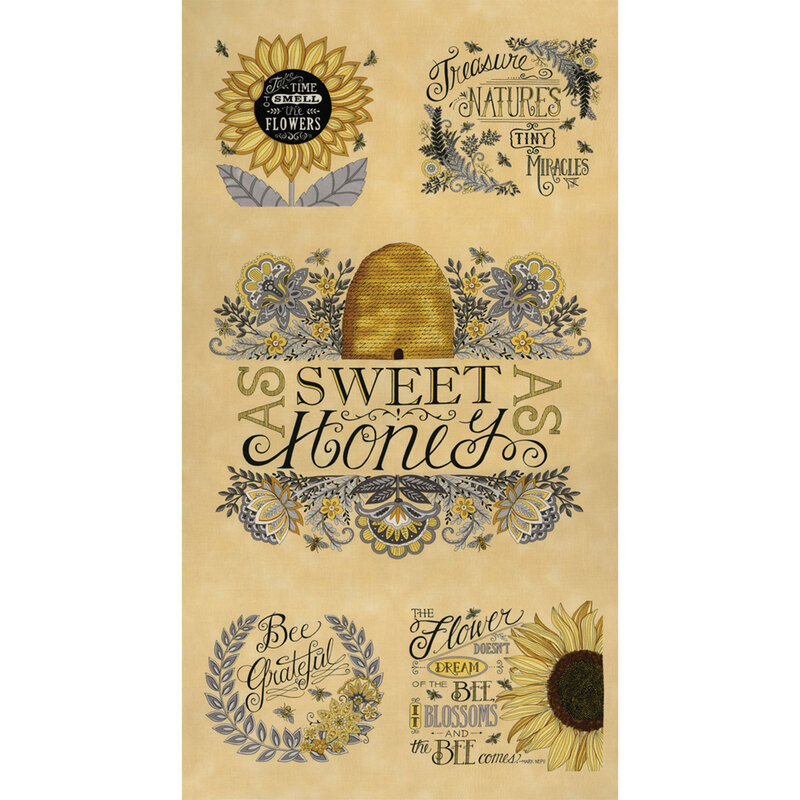 Fabric design is bee and honey themed grateful panel on yellow | Shabby Fabrics