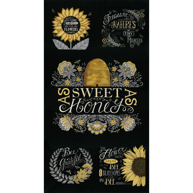 Fabric design is bee and honey themed grateful panel on black | Shabby Fabrics